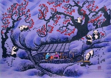 Panda chinois sur fleur de prunier Peinture à l'huile